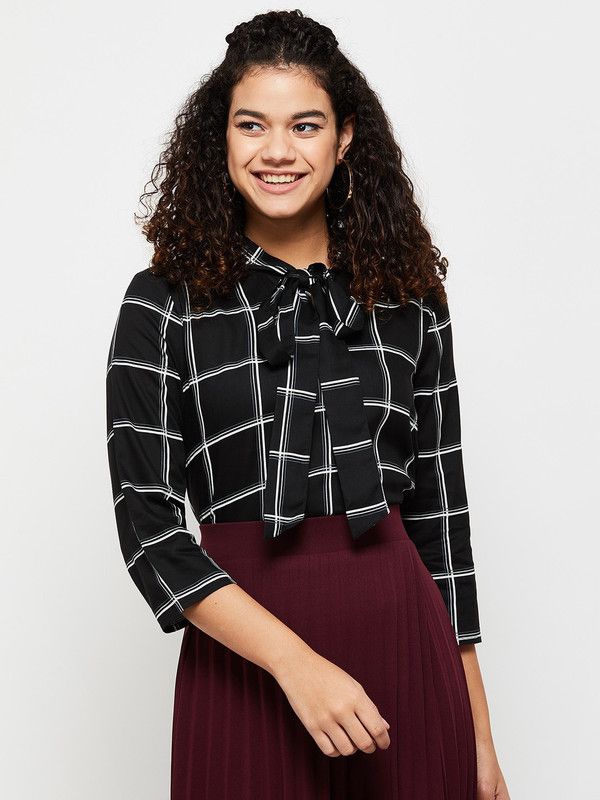 Casual Regular Sleeves Checkered Women Black Top