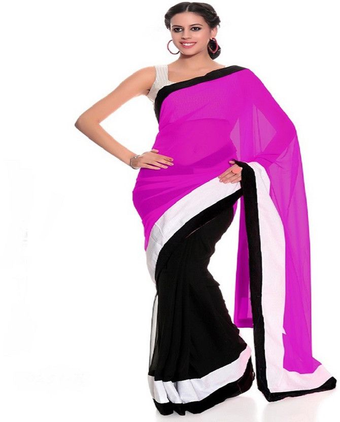 Solid/Plain Bollywood Handloom Chiffon Saree  (Purple, Black)