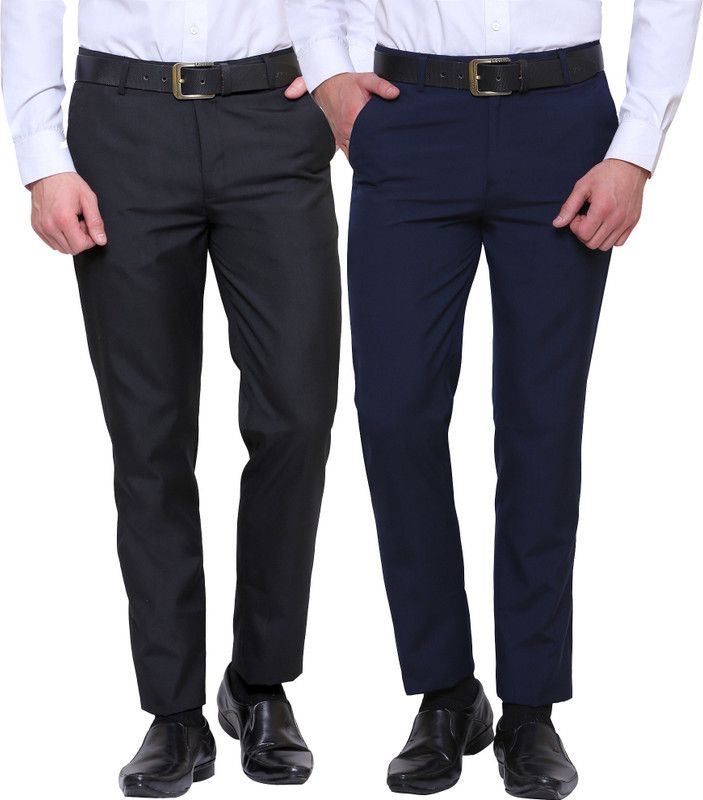 Pack of 2 Men Slim Fit Blue, Black Viscose Rayon Trousers
