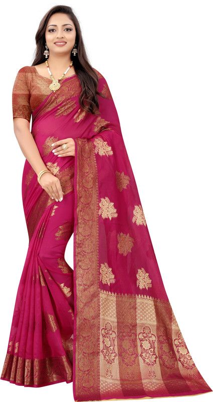 Floral Print Banarasi Jacquard Saree  (Pink)