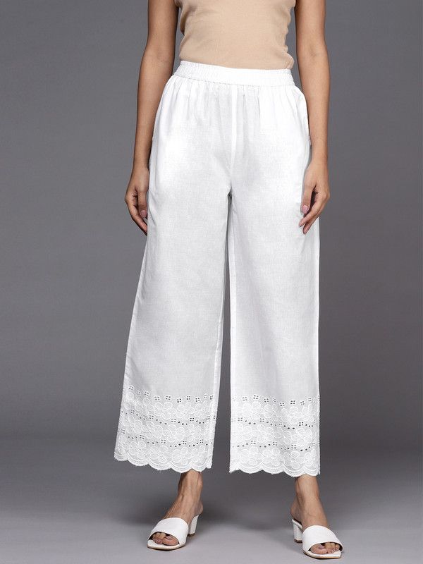 Women Regular Fit Cream Cotton Blend Trousers