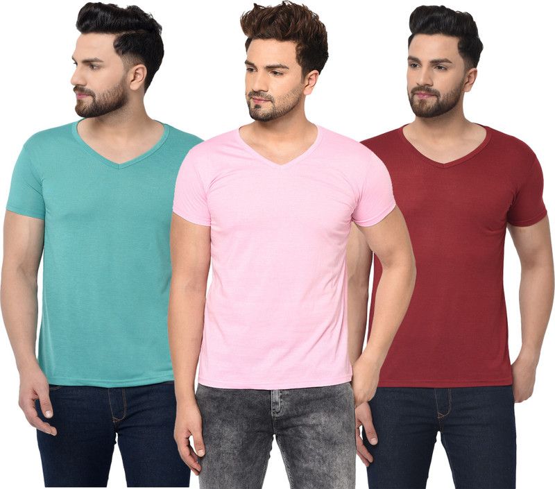 Pack of 3 Men Solid V Neck Cotton Blend Maroon, Blue, Pink T-Shirt