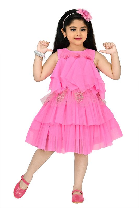 Baby Girls Below Knee Festive/Wedding Dress  (Pink, Sleeveless)