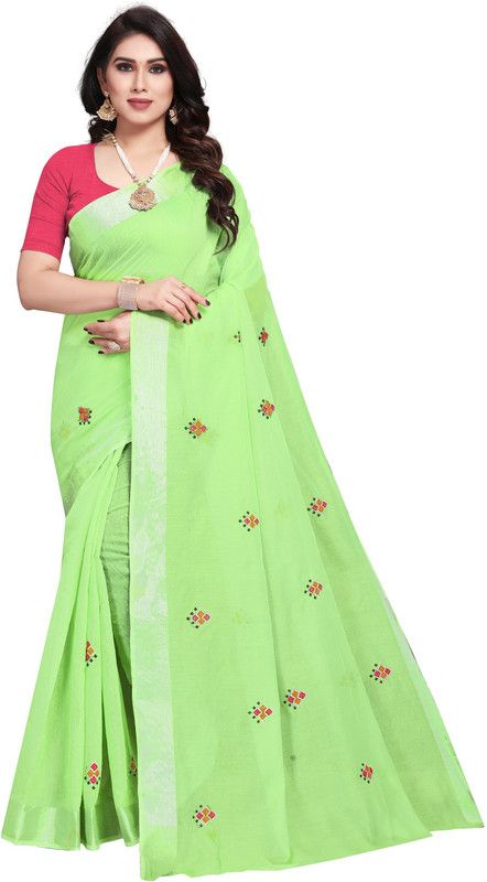 Embroidered Bandhani Cotton Linen Saree  (Light Green)