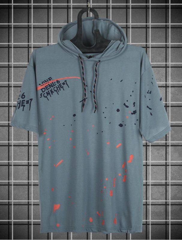 Men Printed Hooded Neck Cotton Blend (180 gsm) Grey T-Shirt
