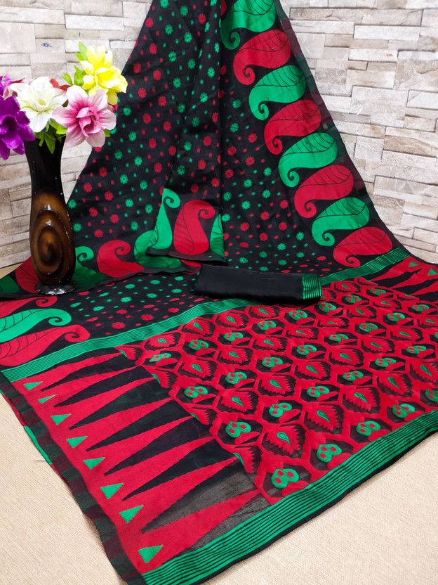 Floral Print Jamdani Pure Cotton Saree  (Black)