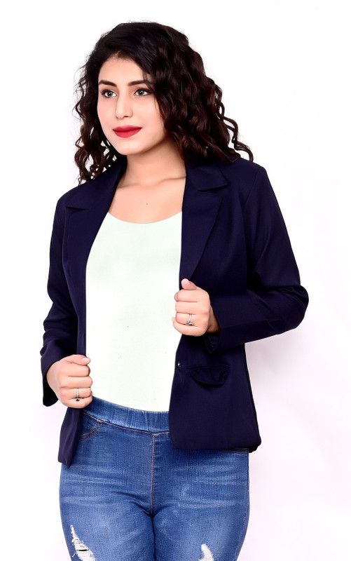 Women Solid Single Breasted Casual Blazer  (Dark Blue)