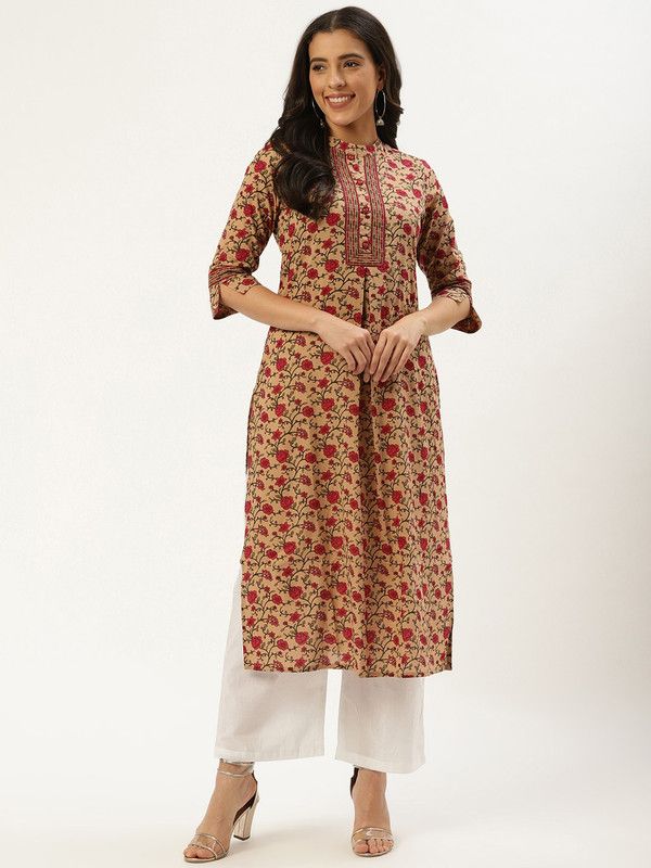 Women Floral Print Pure Cotton Straight Kurta  (Brown)