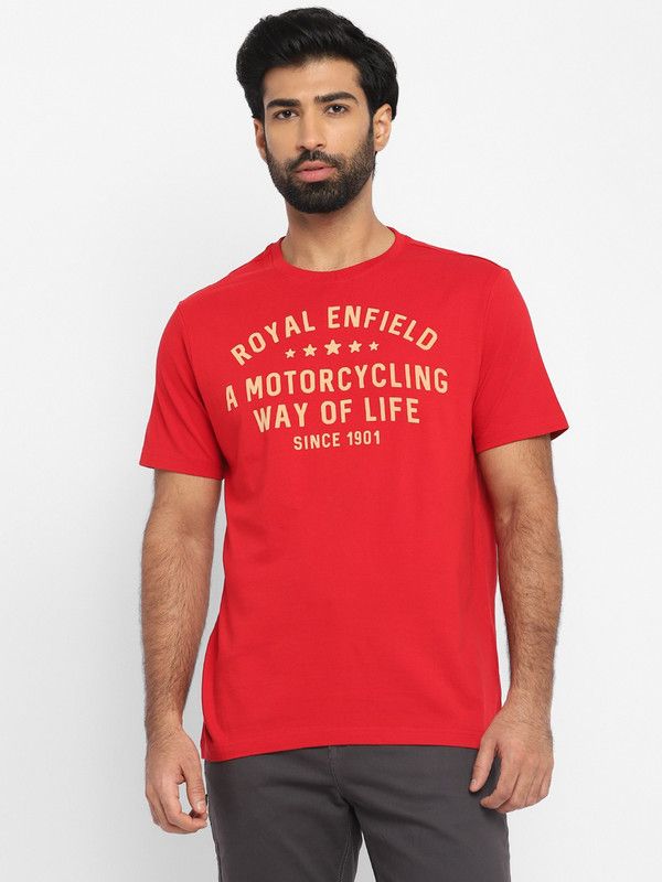 Men Typography Round Neck Pure Cotton Red T-Shirt