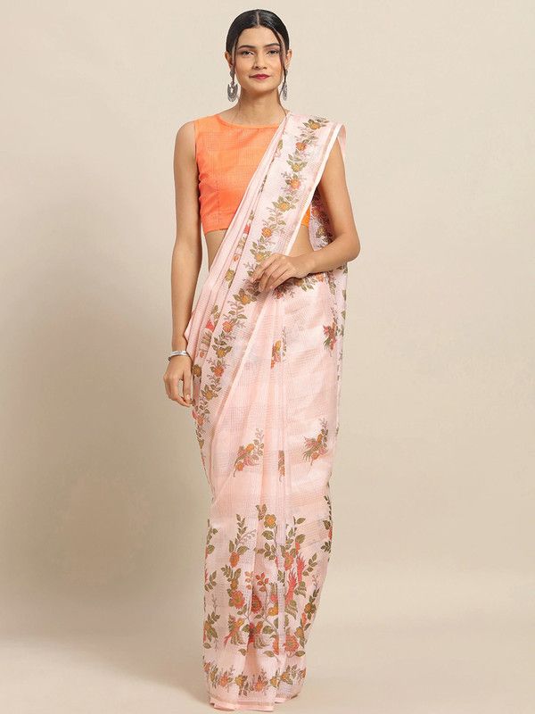 Floral Print Bollywood Cotton Linen Saree  (Pink, Orange)
