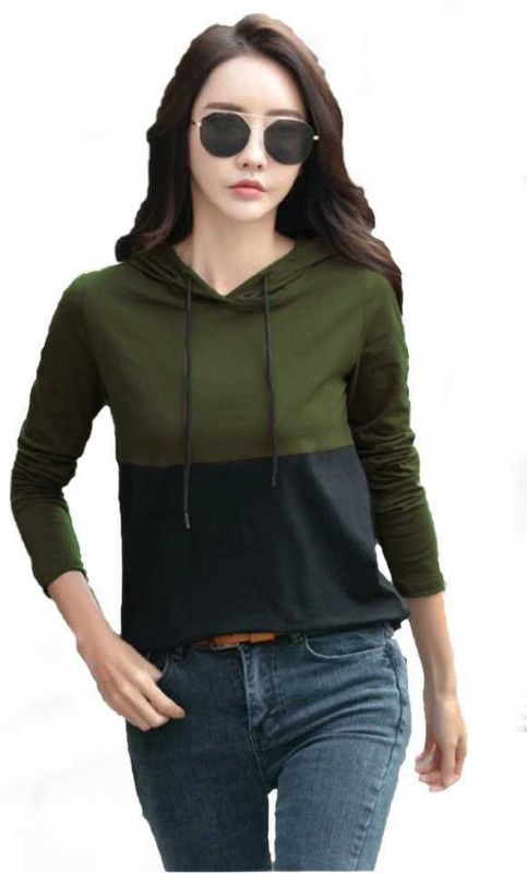 Women Colorblock Hooded Neck Cotton Blend Dark Green, Black T-Shirt