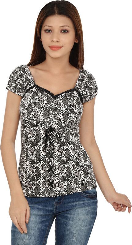 Casual Butterfly Sleeves Animal Print Women White, Grey Top