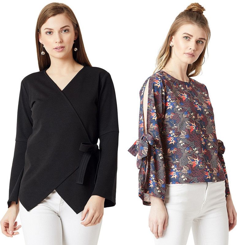 Pack of 2 Casual Regular Sleeves Printed, Solid Women Multicolor Top