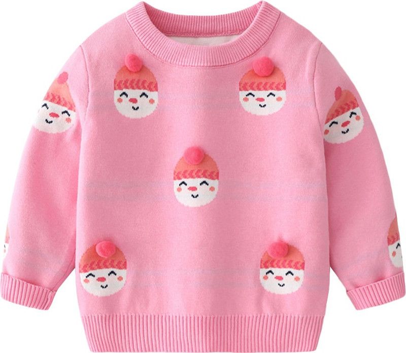 Girls Woven Round Neck Pink Sweater