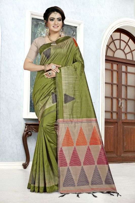 Temple Border Ikkat Jute Silk Saree  (Green)