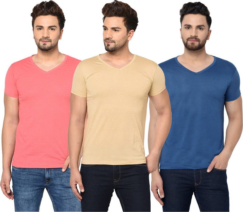 Pack of 3 V neck Combo T-shirts Multicolor Men Solid V Neck Cotton Blend Blue, Pink, Beige T-Shirt