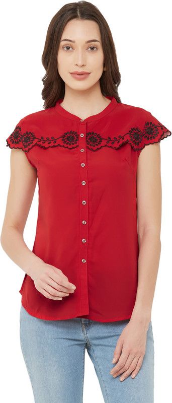 Casual Cap Sleeves Embroidered Women Maroon Top
