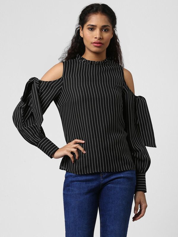 Casual Cold Shoulder Sleeves Striped Women Black Top