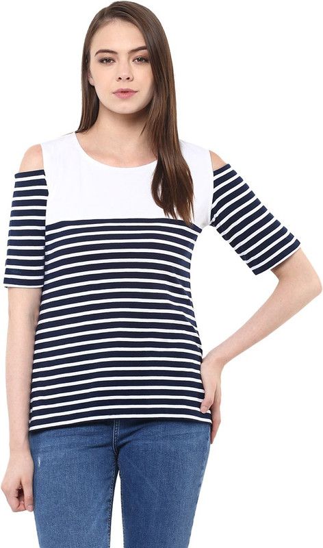 Casual Striped Women Dark Blue Top