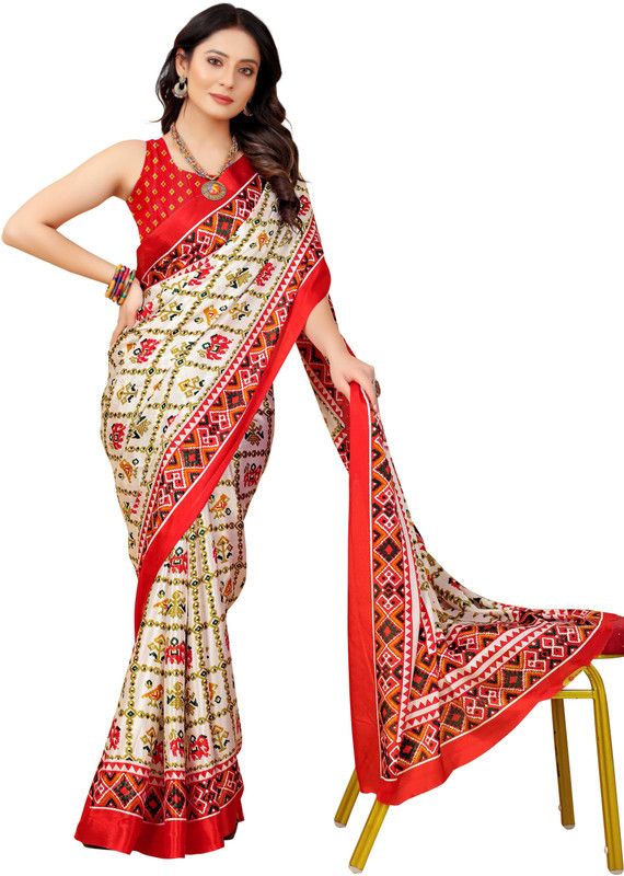 Printed Patola Silk Blend Saree  (Orange)