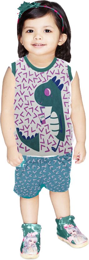 Baby Girls Casual T-shirt Shorts  (Green)