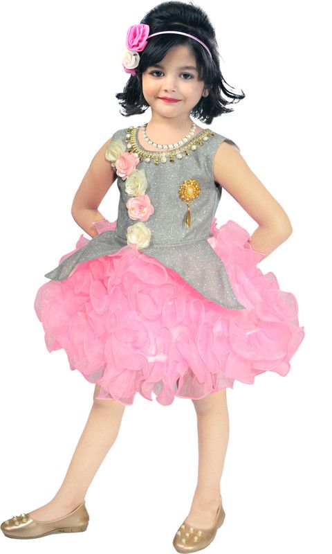 Girls Midi/Knee Length Festive/Wedding Dress  (Red, Sleeveless)