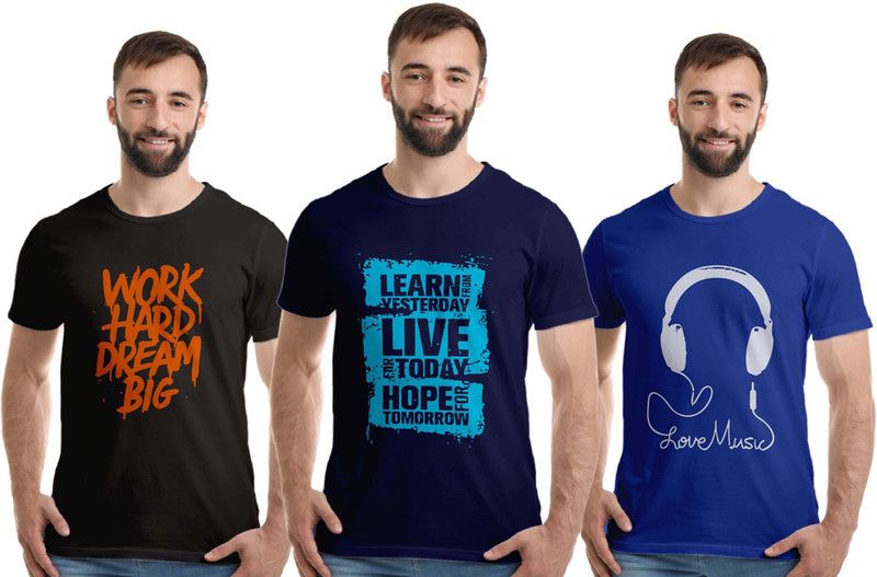 Pack of 3 Men Graphic Print Round Neck Cotton Blend Dark Blue, Light Blue, Black T-Shirt