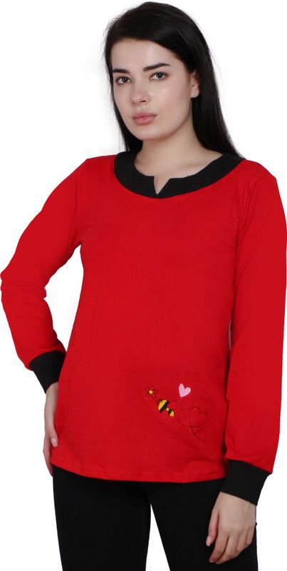 Casual Embroidered Women Red Top