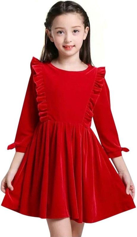 Girls Above Knee Casual Dress  (Red, 3/4 Sleeve)
