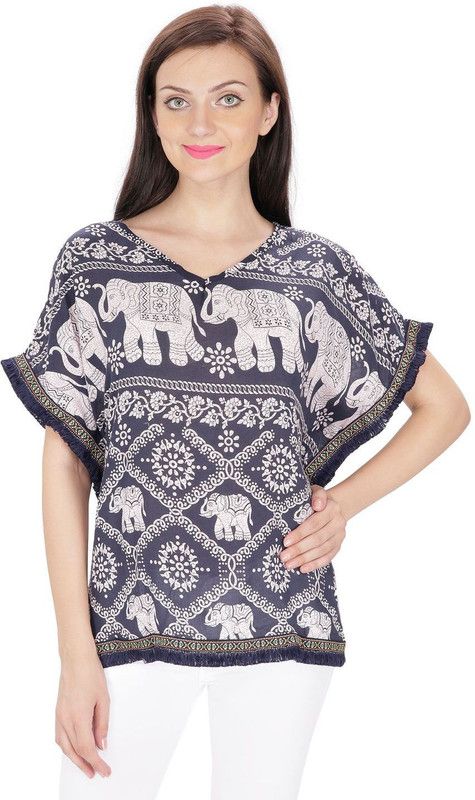 Party Kimono Sleeves Printed Women Dark Blue Top