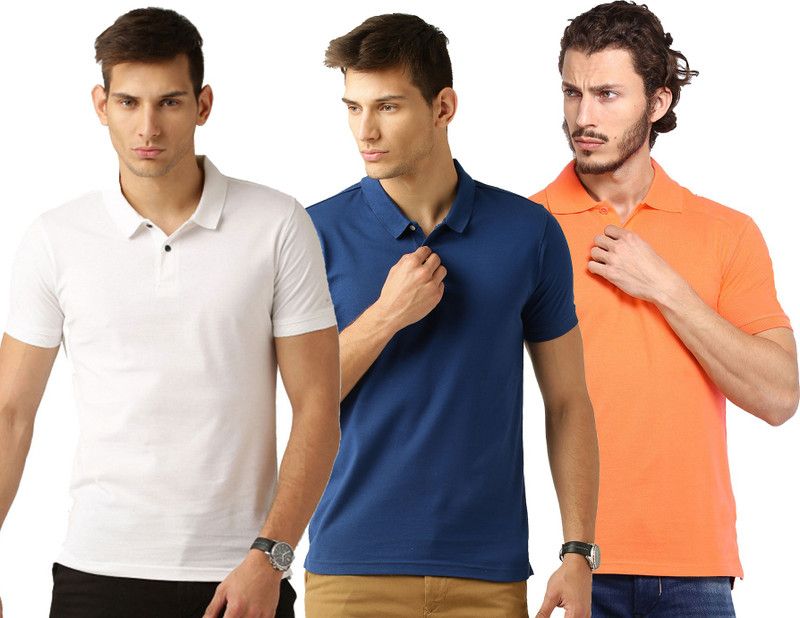Pack of 3 Men Solid Polo Neck Cotton Blend White, Blue, Orange T-Shirt