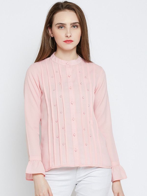 Casual Bell Sleeves Embellished Women Pink Top