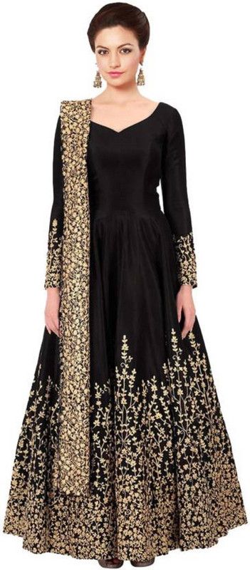 Embroidered Cotton Blend Semi Stitched Anarkali Gown  (Black)