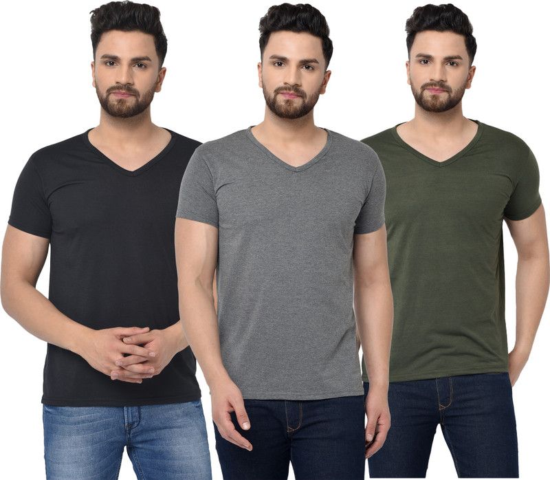 Pack of 3 Men Solid V Neck Cotton Blend Dark Green, Black, Grey T-Shirt
