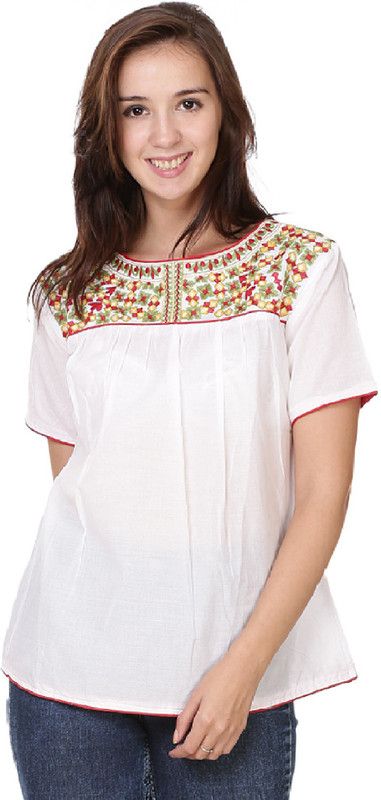 Casual Regular Sleeves Embroidered Women Multicolor, White Top