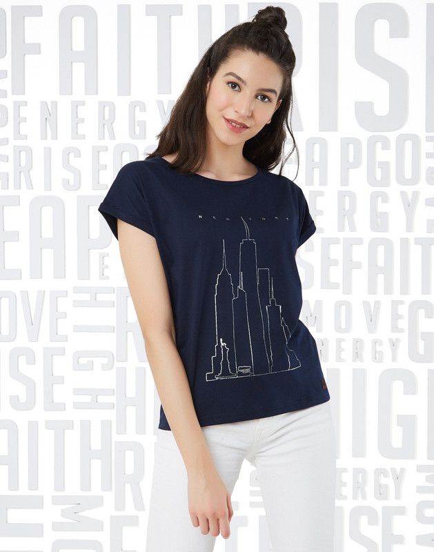 Casual Cap Sleeves Graphic Print Women Dark Blue Top