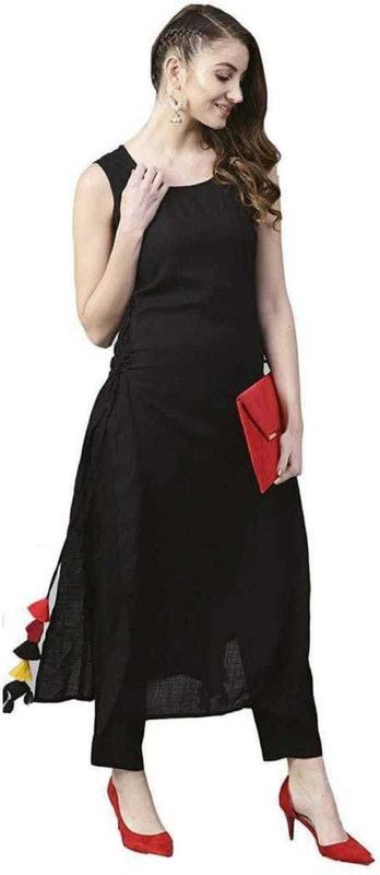 Girls Solid Cotton Linen A-line Kurta  (Black)