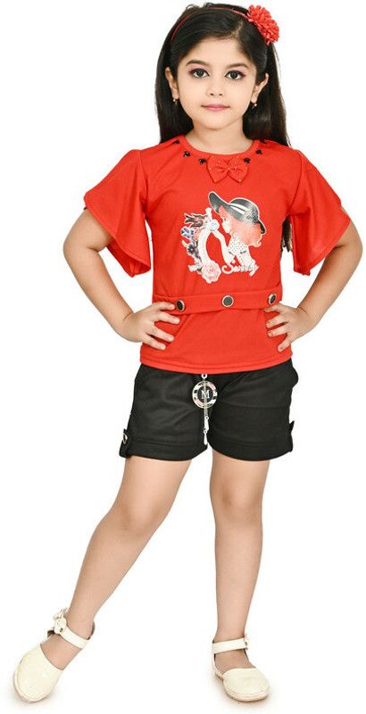 Baby Girls Barbie Casual Top Shorts  (Red)