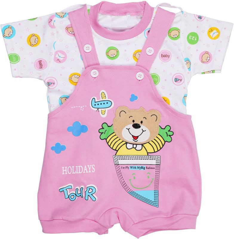 Dungaree For Boys & Girls Casual Printed Pure Cotton  (Pink, Pack of 1)