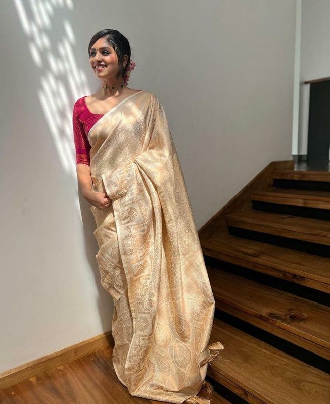 Woven Kanjivaram Pure Silk Saree  (Beige)