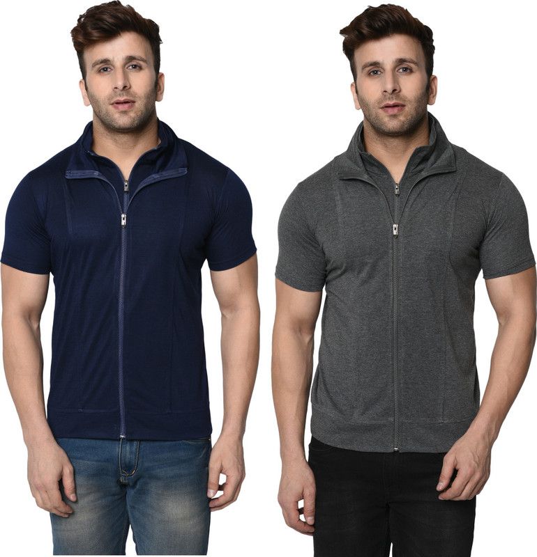Pack of 2 High Neck Zipper Combo T-Shirt Men Self Design, Solid High Neck Cotton Blend Dark Blue, Grey T-Shirt