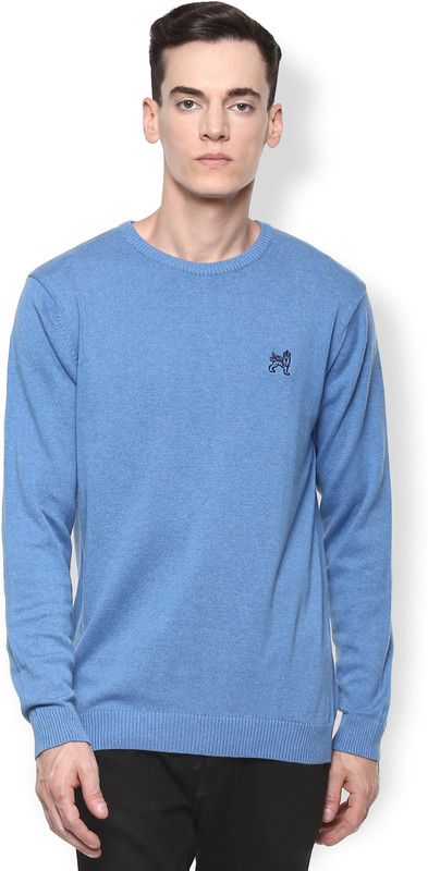 Men Solid Round Neck Light Blue Sweater
