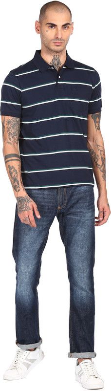 Men Striped Polo Neck Cotton Blend Dark Blue, White, Green T-Shirt