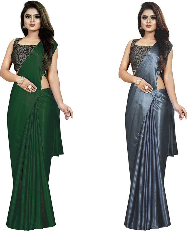 Solid/Plain Bollywood Satin Saree  (Pack of 2, Green, Grey)