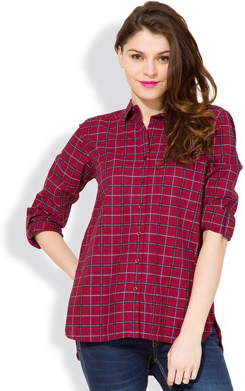 Women Regular Fit Checkered Cut Away Collar Casual Shirt