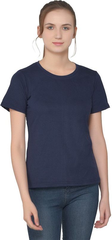 Women Self Design Round Neck Pure Cotton Dark Blue T-Shirt