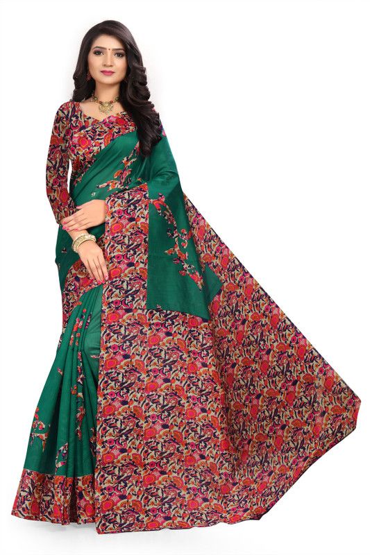Floral Print Kalamkari Art Silk Saree  (Dark Green)