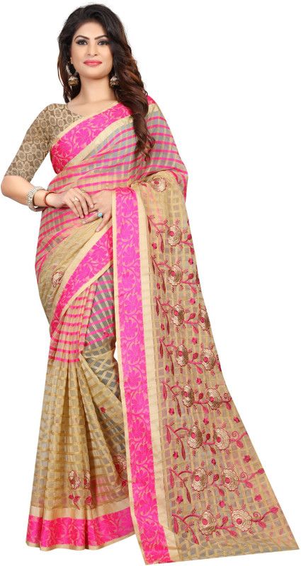 Embroidered, Checkered Bollywood Cotton Blend Saree  (Pink, Beige)