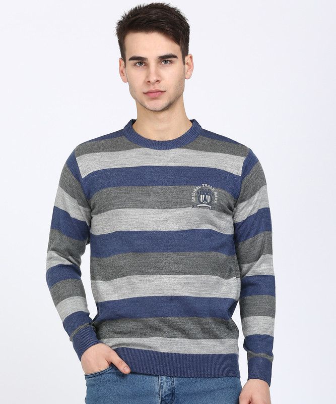 Men Striped Round Neck Blue, Grey Sweater