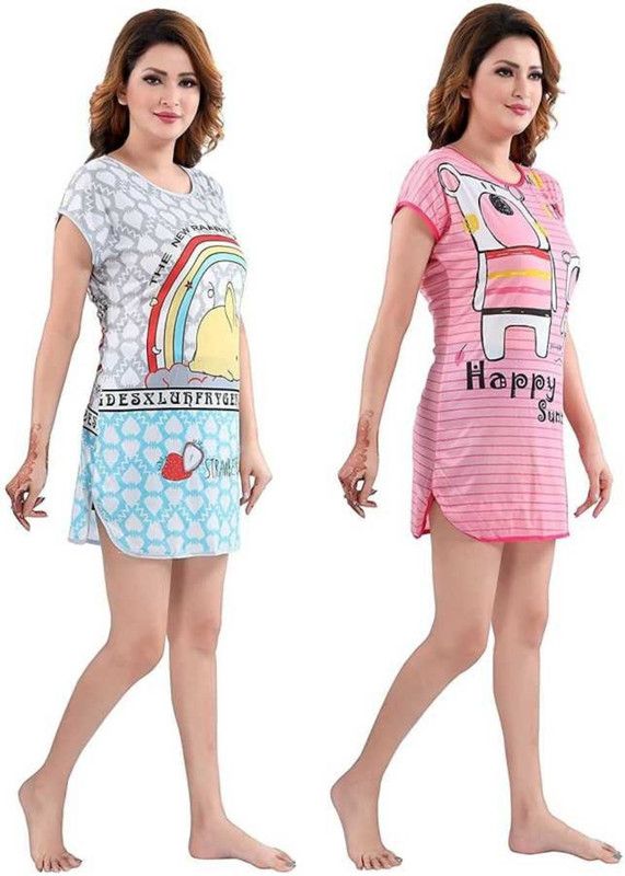 Pack of 2 Women Nightshirts  (Multicolor, Blue, Pink)